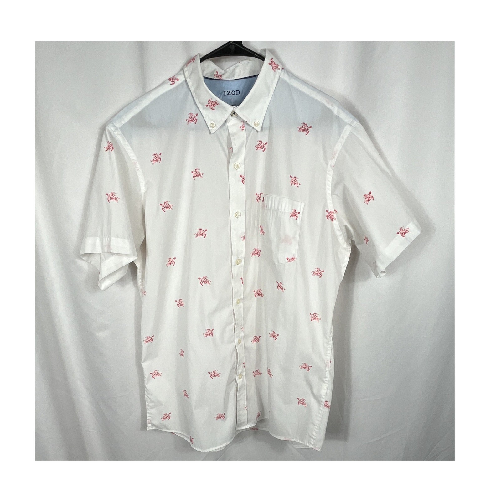 Izod Men's Large Short Sleeve White/Pink Turtle Print Button-Up Shirt